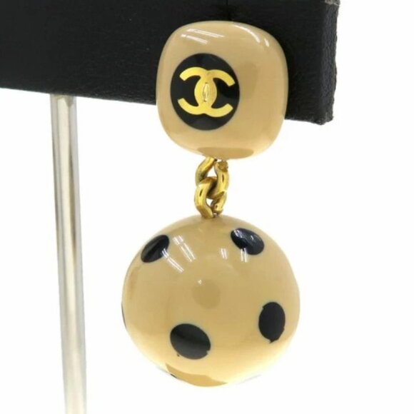 CHANEL CC Logos Black Dots Ball Cube Clip-On Earrings Gold Tone - Picture 4 of 9